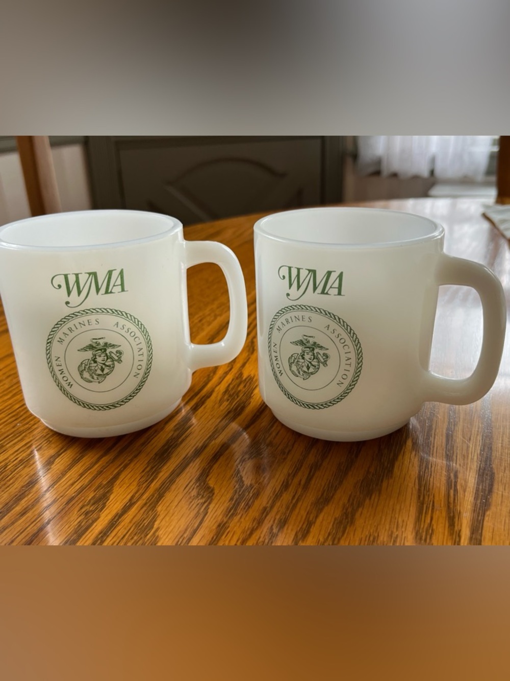 Glasbake vintage white 8 oz mugs set of 2 with WMA logo